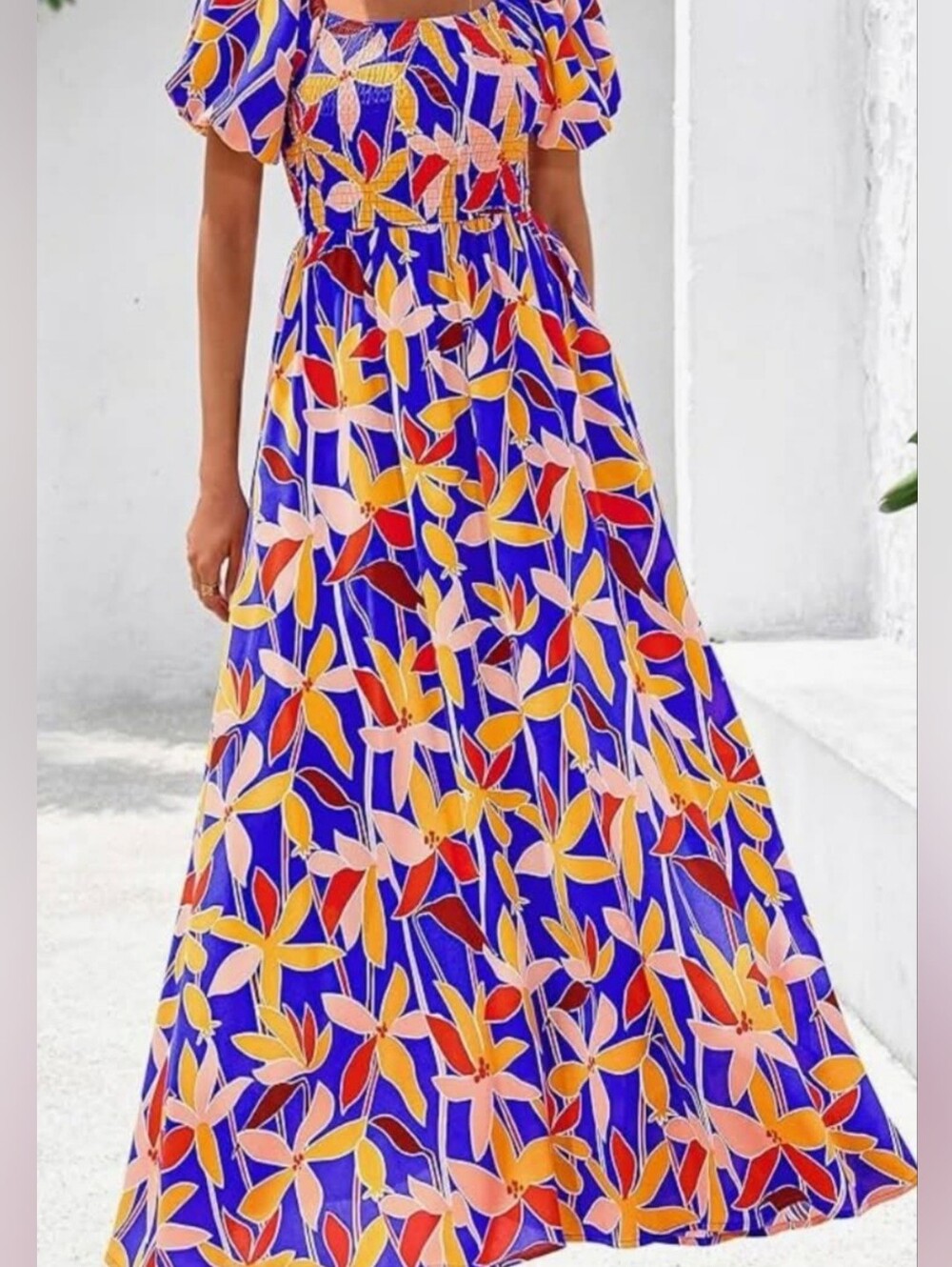 Blue Floral Print Smocked Maxi Dress with Puff Sleeves